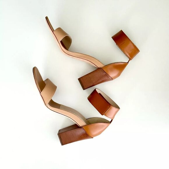 NEW CHLOE Tan Beige Two Tone Ankle Strap Block Heel Sandals Size 38 US(8) - Picture 7 of 9